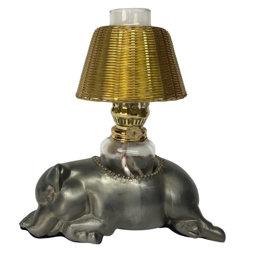 Morton's The Steakhouse 7" Pewter Pig Oil Lamp and Shade Complete Petite Choses